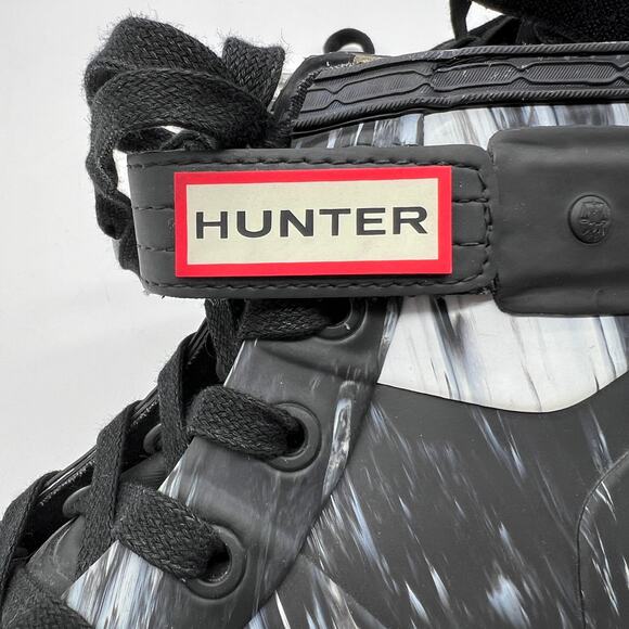 HUNTER Lace Up Rain Boots Womens 6 Black White Nightfall Marbled Rubber Bootie - Picture 11 of 11